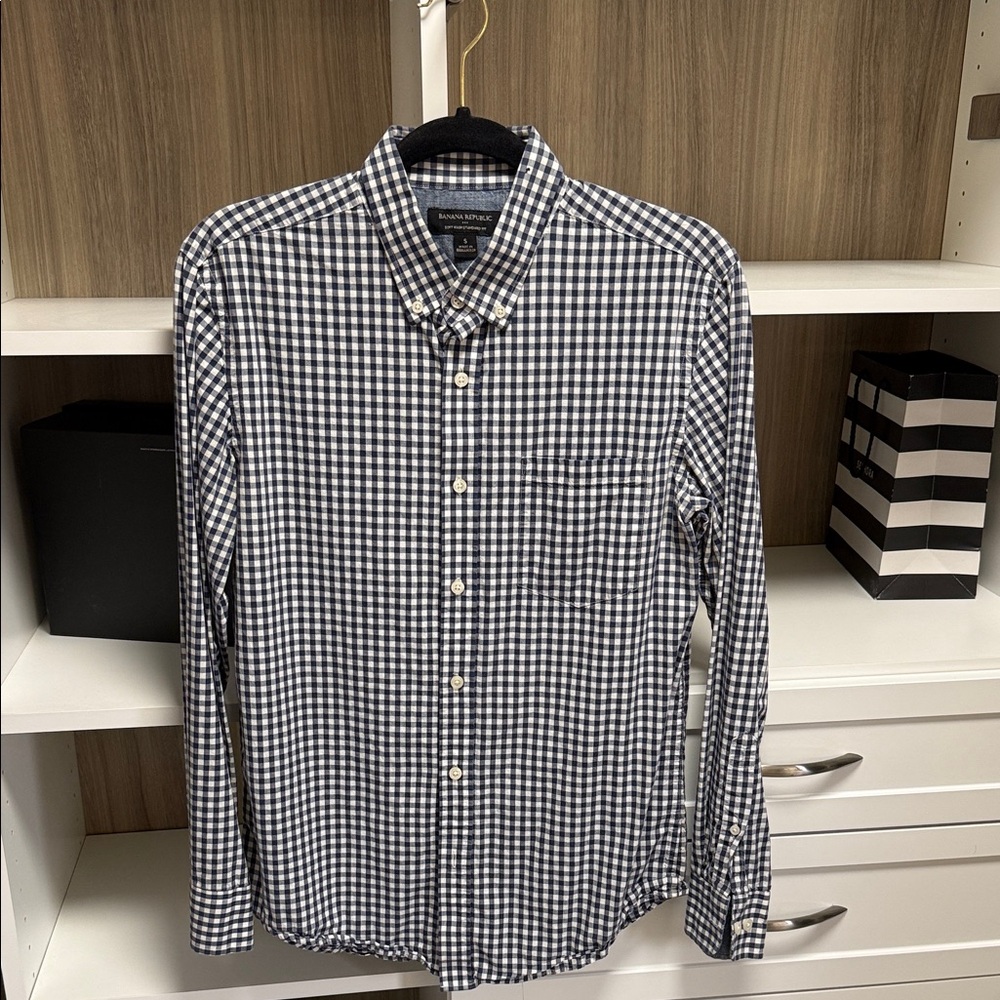 Banana Republic Navy and White Gingham Button-Down Shirt - Men